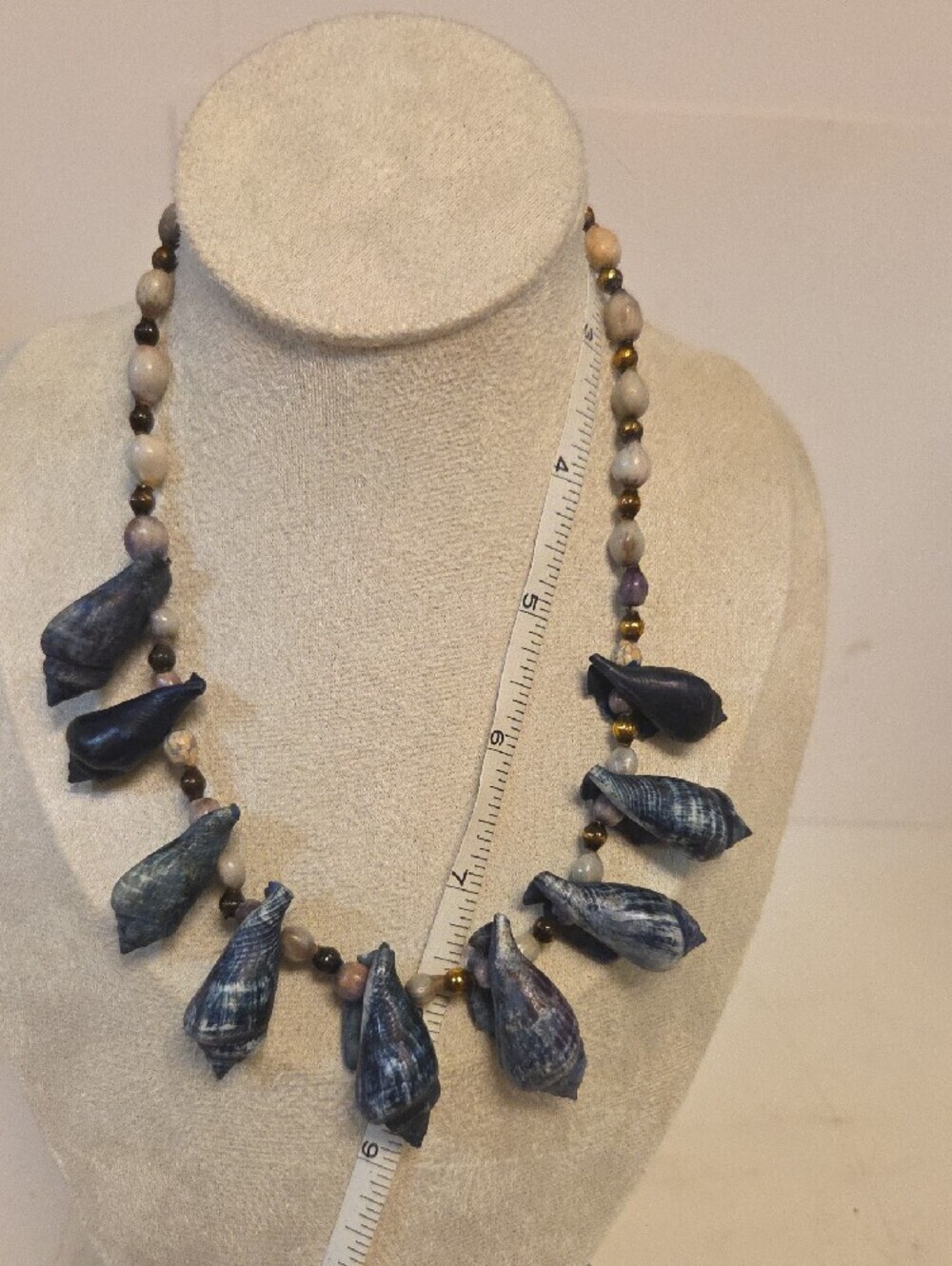 Boho Chunky Indigo Blue Dyed Spiral Sea Shell Statement - 19" Beach Style[0179].